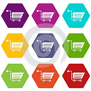 Sale shopping cart icon set color hexahedron