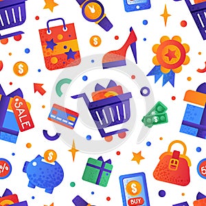 Sale and Shopping Flat and Colorful Icon Vector Seamless Pattern Template