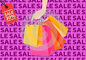 Sale shopping poster with hand holding shop bags