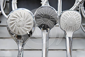 Sale of shower heads in a store, close-up