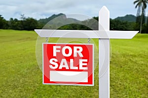 FOR SALE SIGN on empty meadow - Real estate conceptual image.