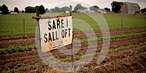 A for sale sign on a family farm demonstrating the struggles faced by small-scale agriculture, concept of Rural