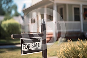 For Sale sign in front of blurry residential home building. Generative AI