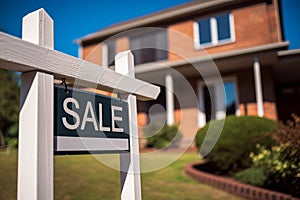 For Sale sign in front of blurry residential home building. Generative AI