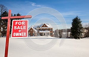 For sale sign in front of large USA home