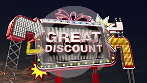 Sale sign 'GREAT DISCOUNT' in led light billboard promotion