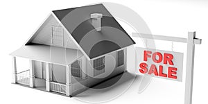 For sale sign and house model isolated against white background. Real estate concept. 3d illustration