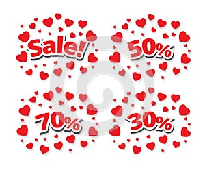 Sale sign over red hearts background.