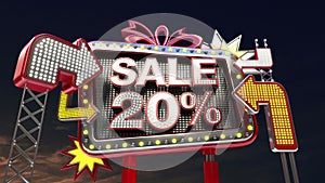 Sale sign 'SALE 20%' in led light billboard promotion.