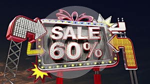 Sale sign 'SALE 60%' in led light billboard promotion.