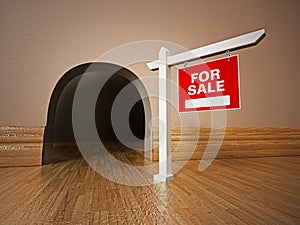 For sale signboard in front of mousehole. 3D illustration photo