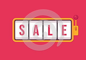 Sale in slot machine games banner. Gambling casino games, slot machine vector with text Sale.