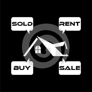 Sale, Sold, rent, buy house icon isolated on dark background