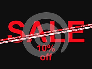 Sale, special offer 10% off. Sale tape ribbon on black background. Black friday. Design for promotional items, banners, coupon and