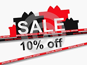 Sale special offer 10% off. Sale tape ribbon and gift boxes on white background. Black friday design for promotional items,