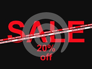 Sale, special offer 20% off. Sale tape ribbon on black background. Black friday. Design for promotional items, banners, coupon and