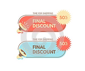 Sale and special offer. 50% off. Megaphone with bubble speech. Concept for promotion and advertising. Sticker for best stock sales