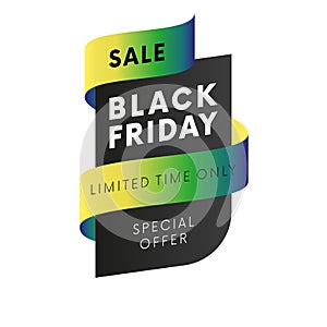 Sale special offer Black Friday tag with neon yellow and blue gradient ribbon on white background . Vector.