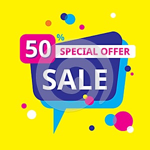 Sale 50% special offer - concept banner vector illustration. Speech bubble. Abstract advertising promotion layout. Graphic design photo