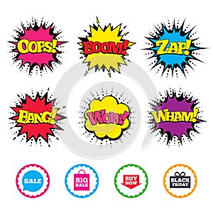 Sale speech bubble icons. Buy now arrow symbol.