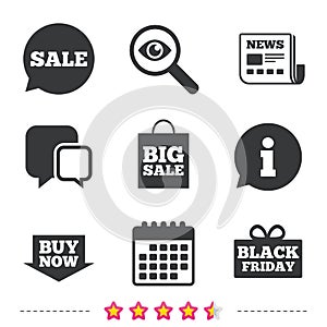 Sale speech bubble icons. Buy now arrow symbol.