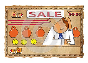 Sale at the sports store. Bored manager. Russian lubok style