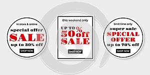 Sale sticker, badge or label set. Discount tag or label with special offer, price off signs. Promotion, marketing banners.
