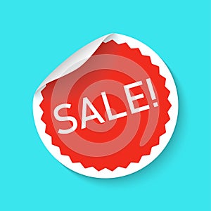 Sale sticker icon isolated on a blue background. Red color special offer, discount tag. Simple realistic design. Flat style vector