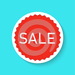 Sale sticker icon isolated on a blue background. Red color special offer, discount tag. Simple realistic design. Flat style vector