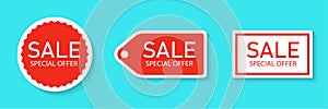 Sale sticker icon set isolated on a blue background. Red color special offer, discount tag. Simple realistic design. Flat style