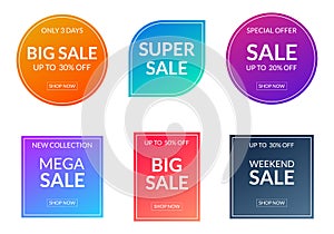 Sale sticker or label set. Price off tag and badge collection with colorful gradient. Discount and promotion icons. Vector