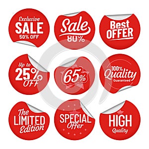 Sale sticker. Shopping tag label, red on sale stickers with bent edge and price off labels isolated vector set