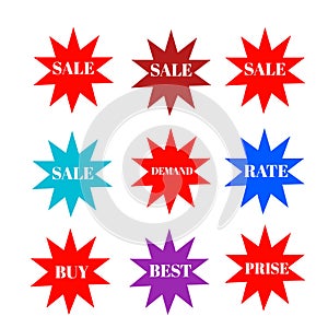 Sale stickers colorful star and white letters icon 3d brand and productions advertising