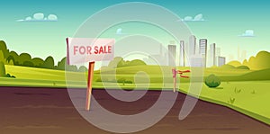 Sale of suburban land. A sign on the ground for the sale. Rural area near the city. Field or site for construction