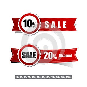 Sale tag banner red and ribbon element on white background