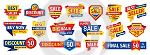 Sale tag design badge set. Discount abstract banner collection. Special offer, best price, buy now concept stickers. Clearance