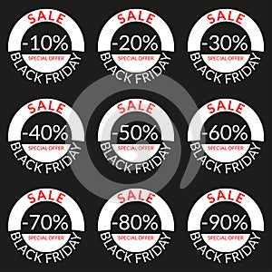 Sale tag or discount icon. Save 10,20,30,40,50,60,70,80,90 percent of price. Black Friday design template. Vector illustration.