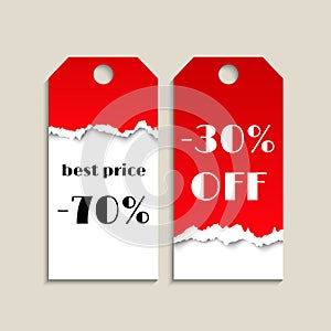 Sale tag with red torn paper texture