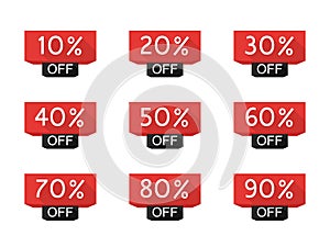 Sale tag set. 10, 20, 30, 40, 50, 60, 70, 80, 90 percent off. Price off and discount tag design elements. Modern vector