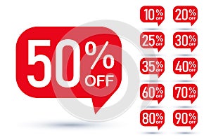 Sale tag speech bubble red shape with different discount set