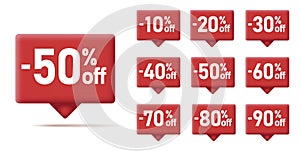 Sale tag speech bubble red square shape with different discount set. 10, 20, 25, 30, 35, 40, 50, 60, 70, 80 and 90, 3d