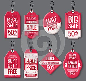 Sale tag templates vector set. Red paper price tags with big sale and discount text