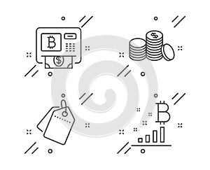 Sale tags, Bitcoin atm and Banking money icons set. Bitcoin graph sign. Vector