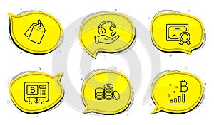 Sale tags, Bitcoin atm and Banking money icons set. Bitcoin graph sign. Vector