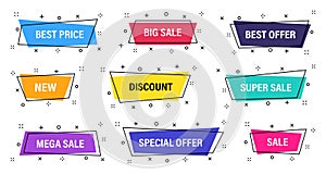 Sale tags collection. Geometric abstract design. Special offer, big sale, discount, best price, mega sale banner set. Shop or