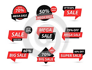 Sale tags collection. Special offer, big sale, discount, best price, mega sale banner set. Shop or online shopping. Sticker, badge