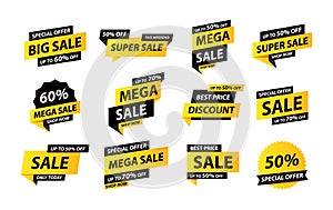 Sale tags collection. Special offer, big sale, discount, best price, mega sale banner set. Shop or online shopping. Sticker, badge photo