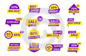 Sale tags collection. Special offer, big sale, discount, best price, mega sale banner set. Shop or online shopping. Sticker, badge