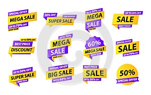 Sale tags collection. Special offer, big sale, discount, best price, mega sale banner set. Shop or online shopping. Sticker, badge