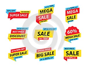 Sale tags collection. Special offer, big sale, discount, best price, mega sale banner set. Shop or online shopping. Sticker, badge